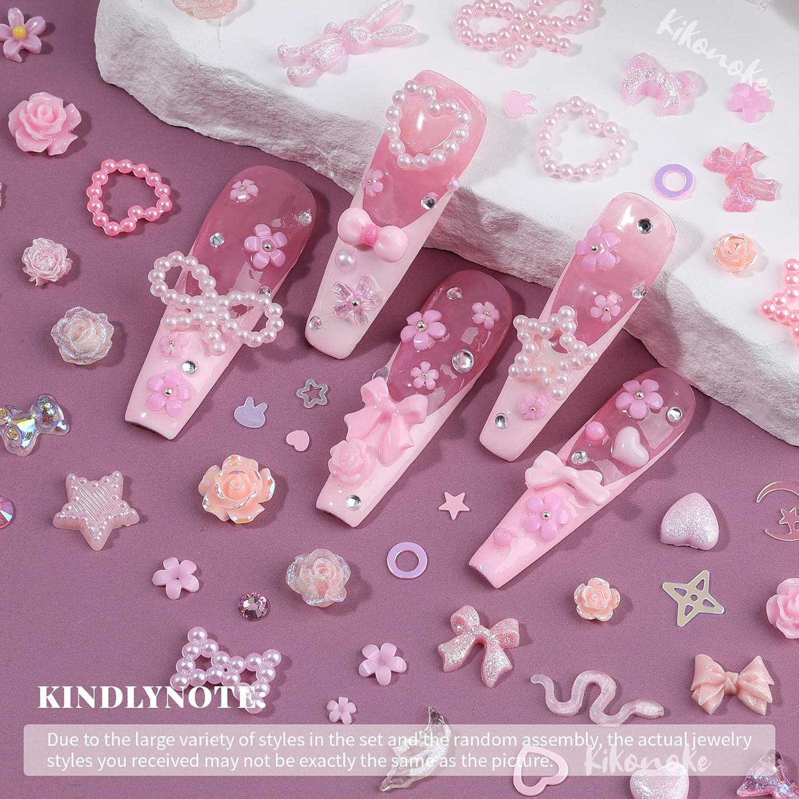 Pink Nail Charms Kit 3D Nail Gems Rhinestones Flatback Pearls Mixed Shapes for