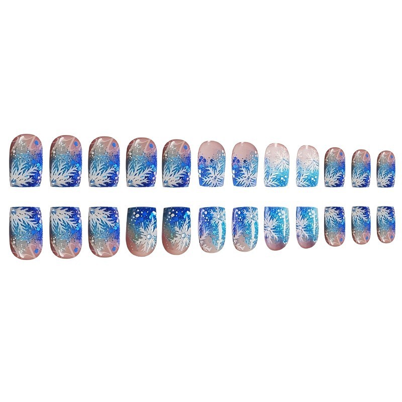 Christmas Blue Square Press On Nails Snowflake Rhinestone Glitter