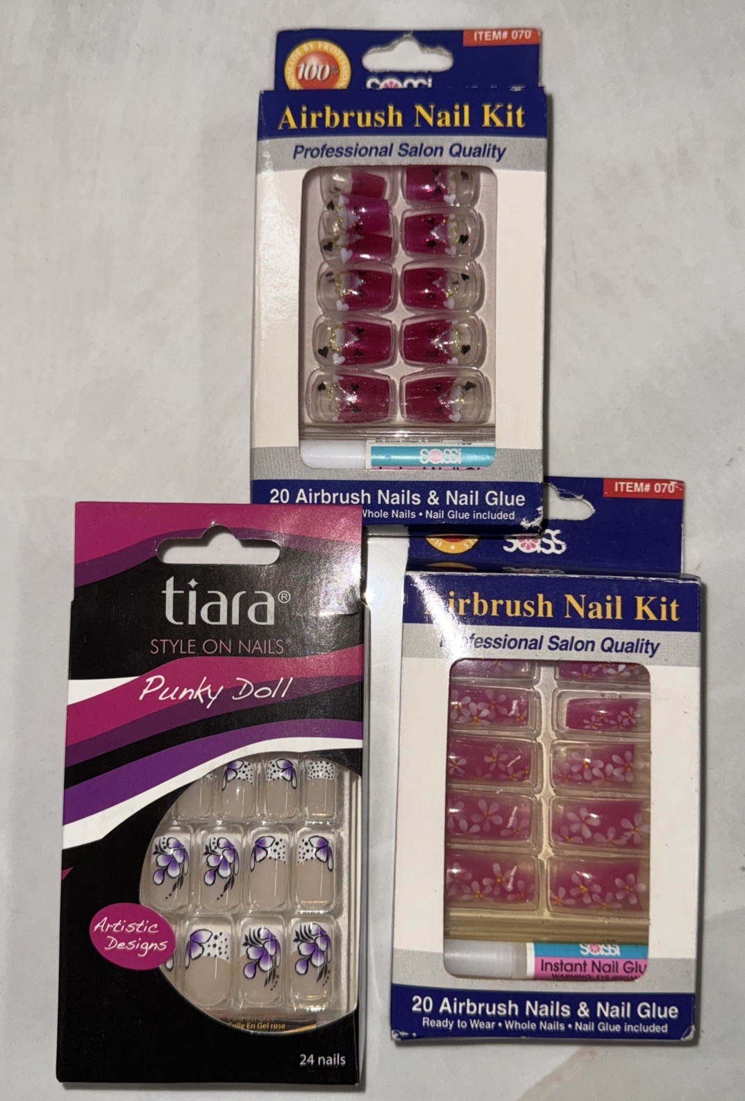3 pack PARTY NAILS- 1 touch Press On Pre-Glued, 12 fake nails, Short Lenght