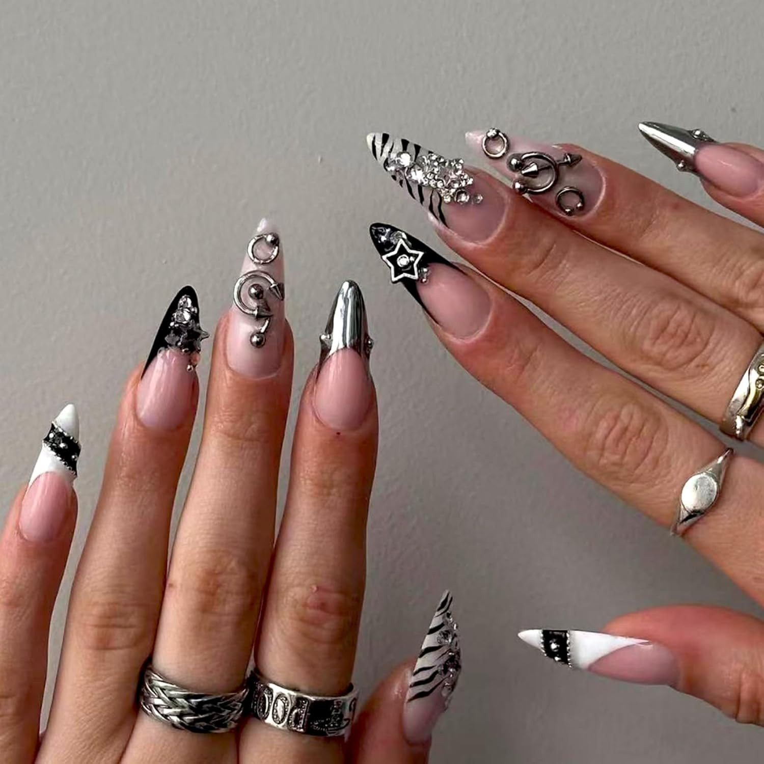 Gothic Punk Style Press on Nails with Black Roses, Metal Spikes & Chains Long Al