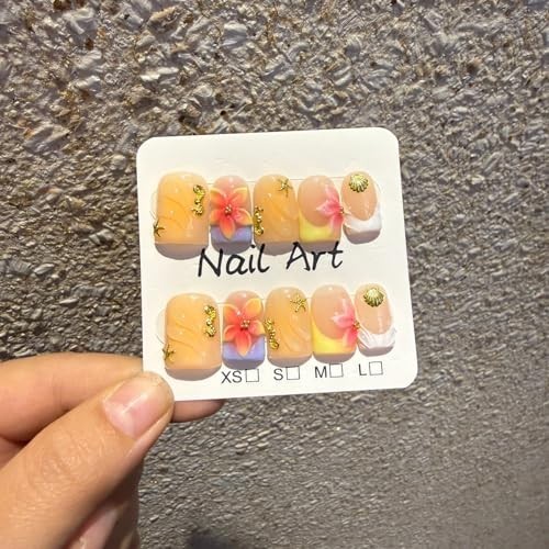 Short Blue French Tip Press-On Nails with 3D Flower Designs – 10pcs Acrylic Set