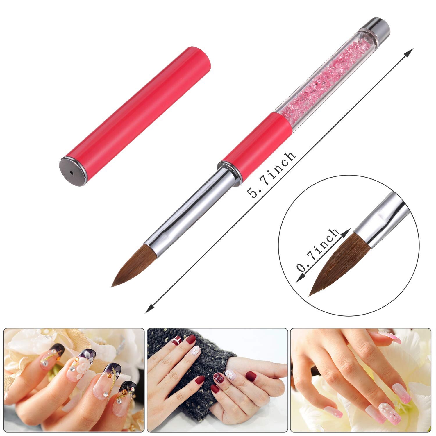 1Pc Acrylic Nail Art Brush Pink Rhinestone Handle Konlinsky Sable Hair #10