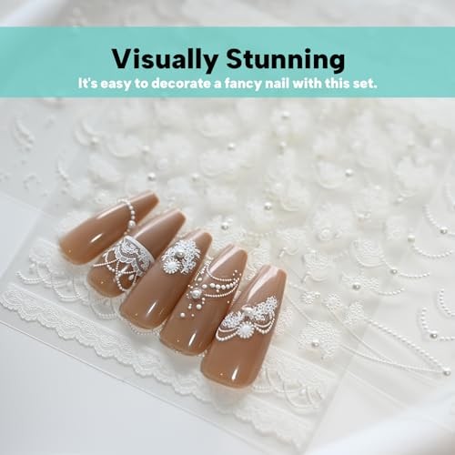 White Lace French Line Nail Art Stickers Pearl Rhinestones White Beige