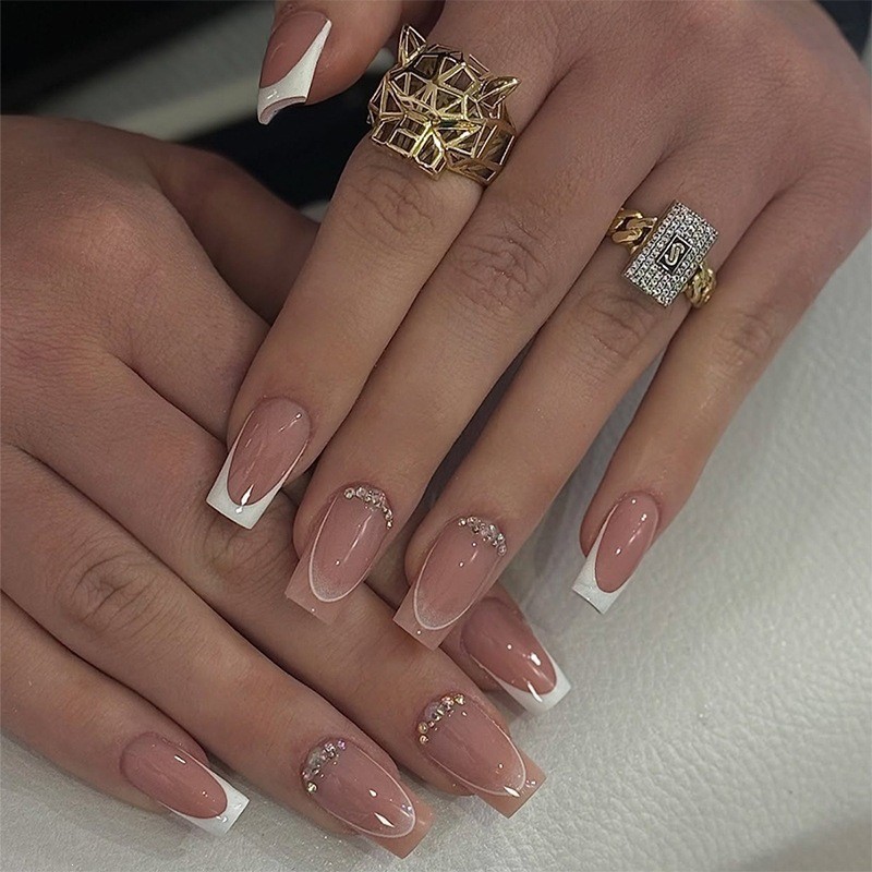 48pcs Short Square Press on Nails, Nude White French Tiny Rhinestone Daily Nails