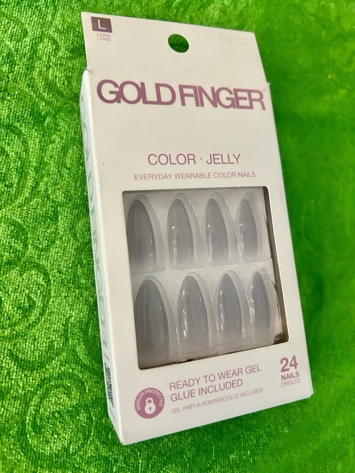 Gold Finger Jelly Translucent Gray Shiny Long Almond Press-On Nails