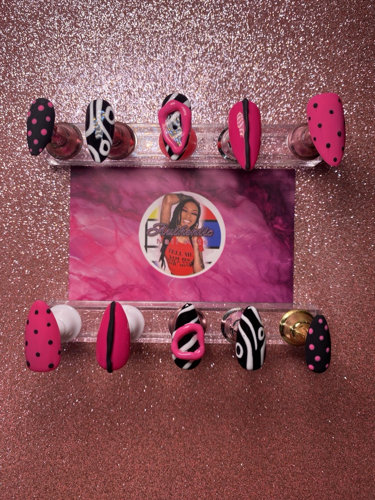 Press-On Nails Short Almond Shape, Almond-shaped Poky Dots. Bright hot pink.