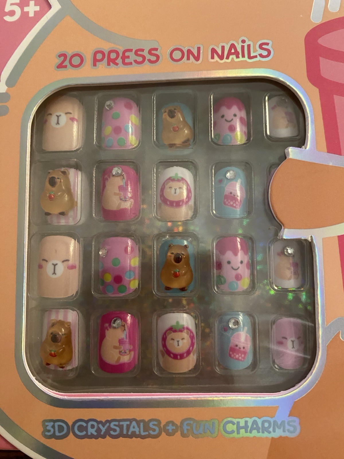 New in Box! Danbar Capybara 20ct Pre-Glued Kid’s 3D Press-On Nails & 2 Rings