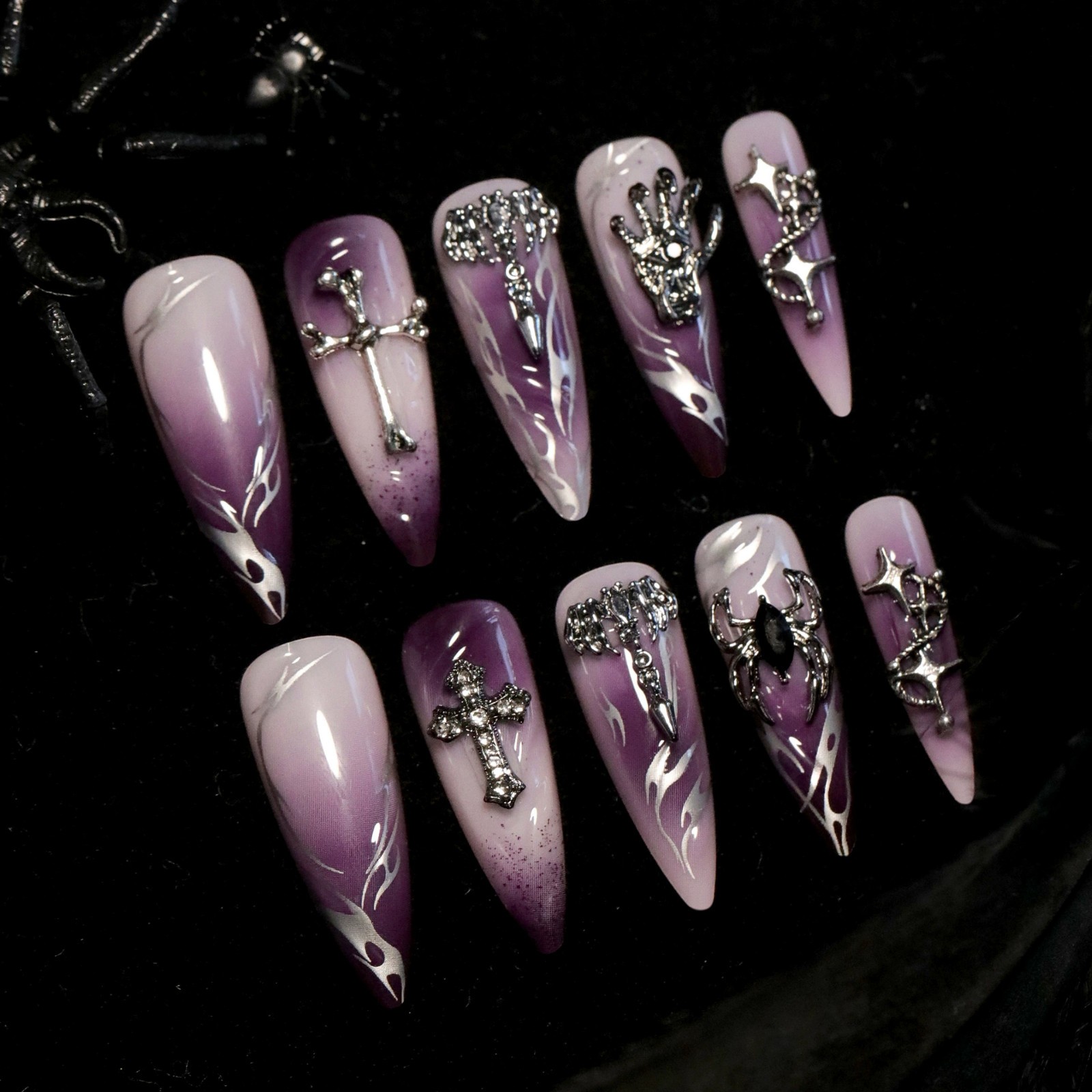 2025 Ins Gothic Style press on nails with 3D Sliver Metal Cross, Long Stiletto