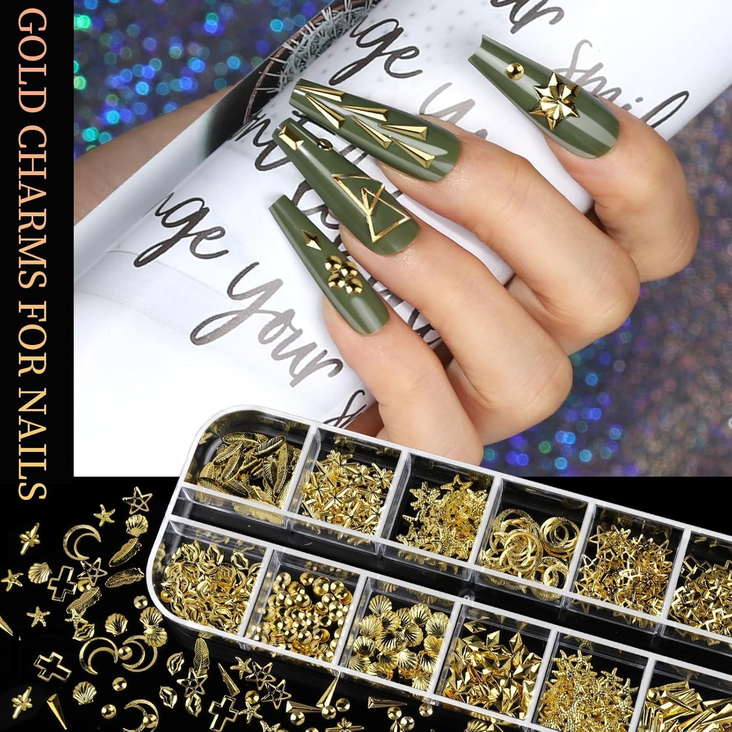 Nail Art Gems Charms Kit Gold Nails Supplies 4 Boxes 3D Rhinestones Pearls