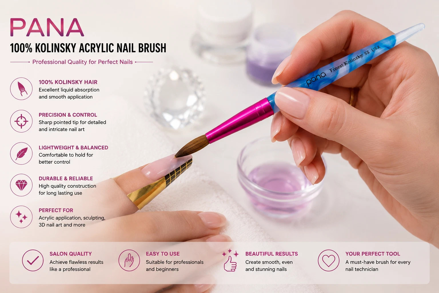 2 PACK PANA USA Acrylic Nail Brush Pure Kolinsky Hair Acrylic SIZE 8