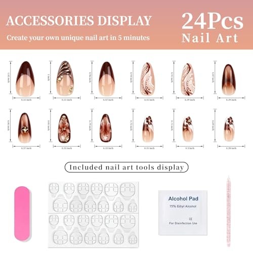 24Pcs Brown Flower Medium Almond Press on Nails Embossed Brown Hibiscus Style
