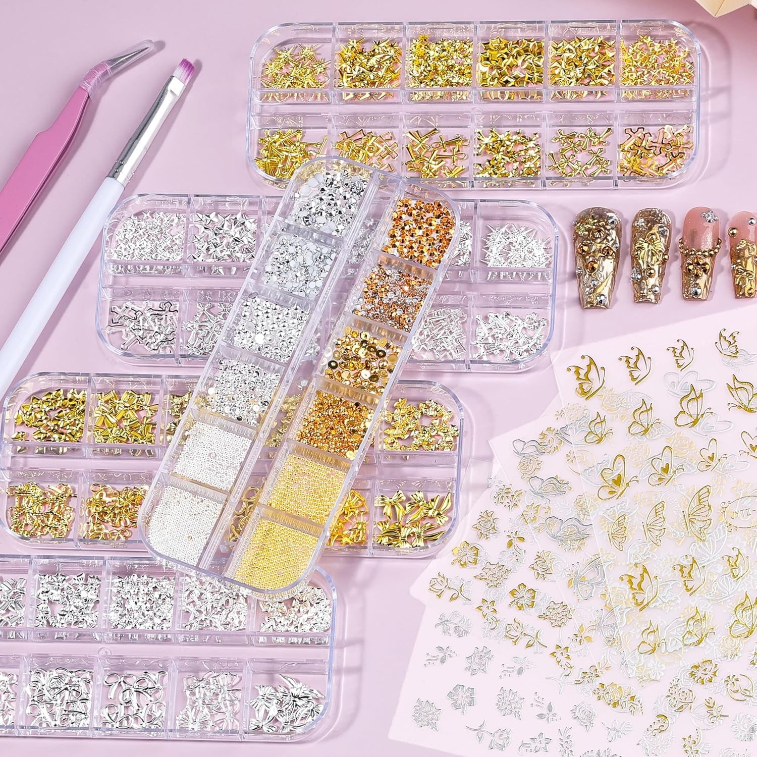 Compatibility Nail Art Charms Kit 5 Boxes Gold Silver Metal 3D Studs Stickers…