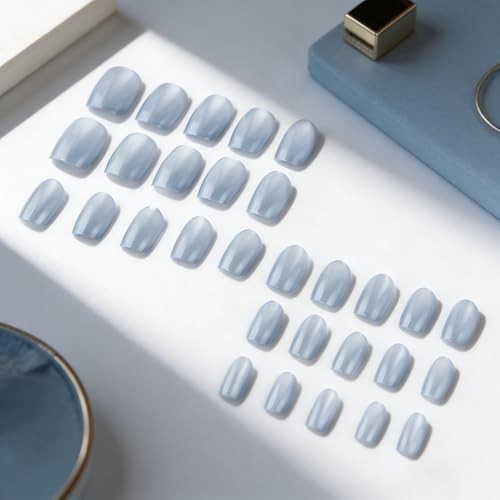 Cat Eye Press on Nails – Short Square Fake Nails – Blue Grey – Style 8