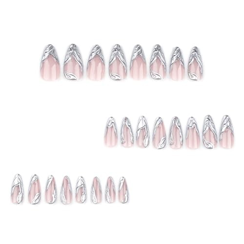 Medium Press on Nails Almond Fake Nails 3D Sliver French Tip Glue 36A04Sliver