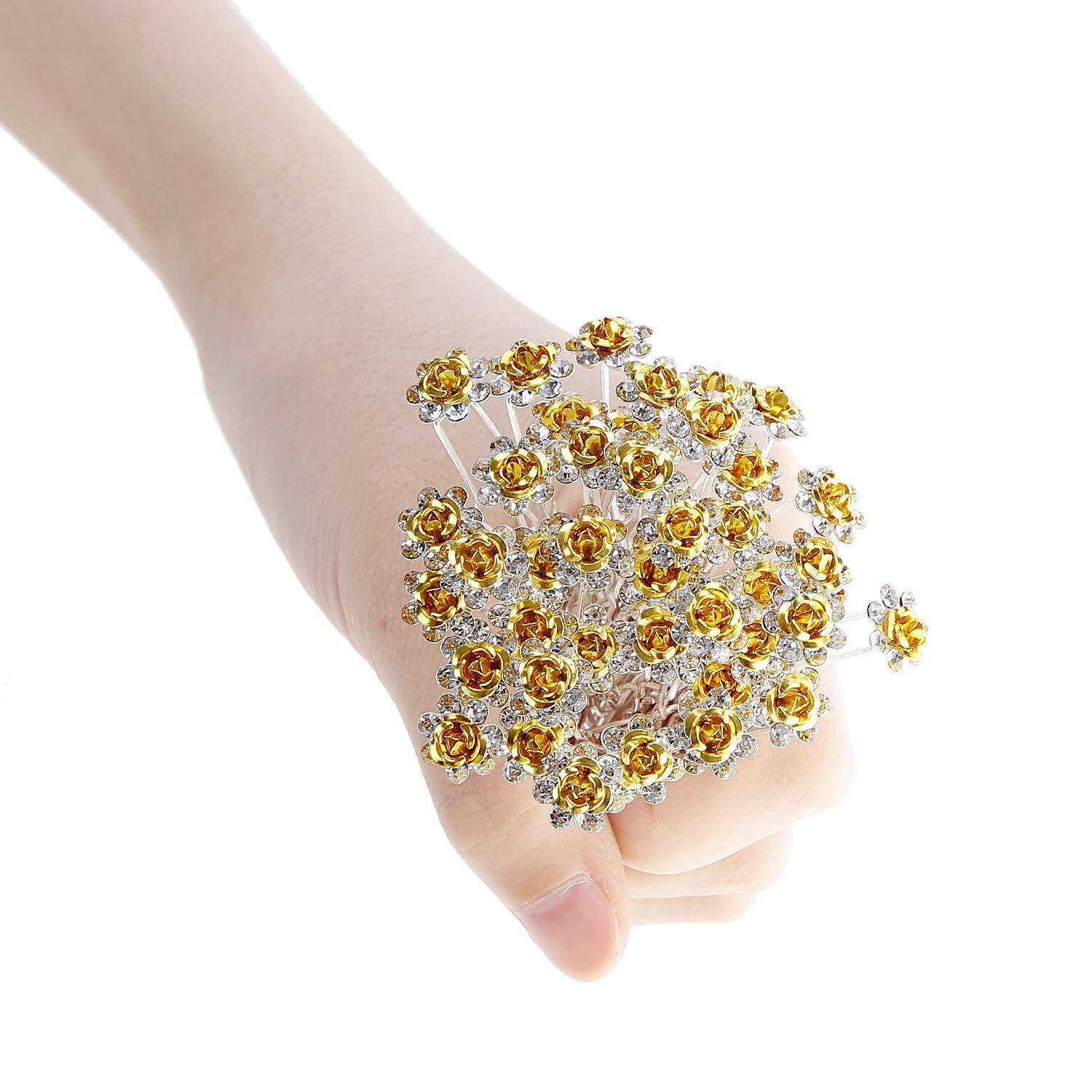 BETITETO 40 Pcs U-Shaped Flower Rhinestone Hair Pins Crystal Yellow