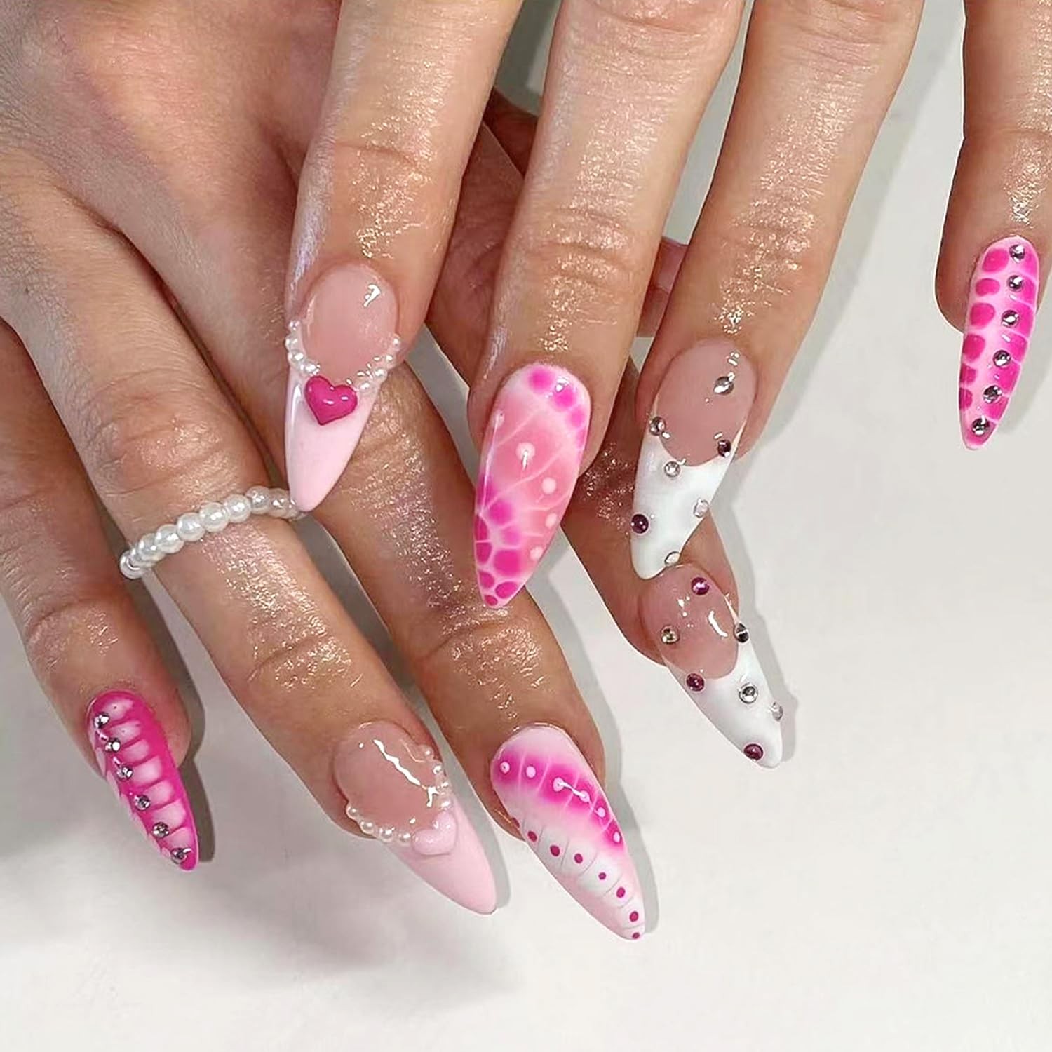 Rhinestones Pearl Press on Nails Pink White French Tip with Design Glossy Lon…