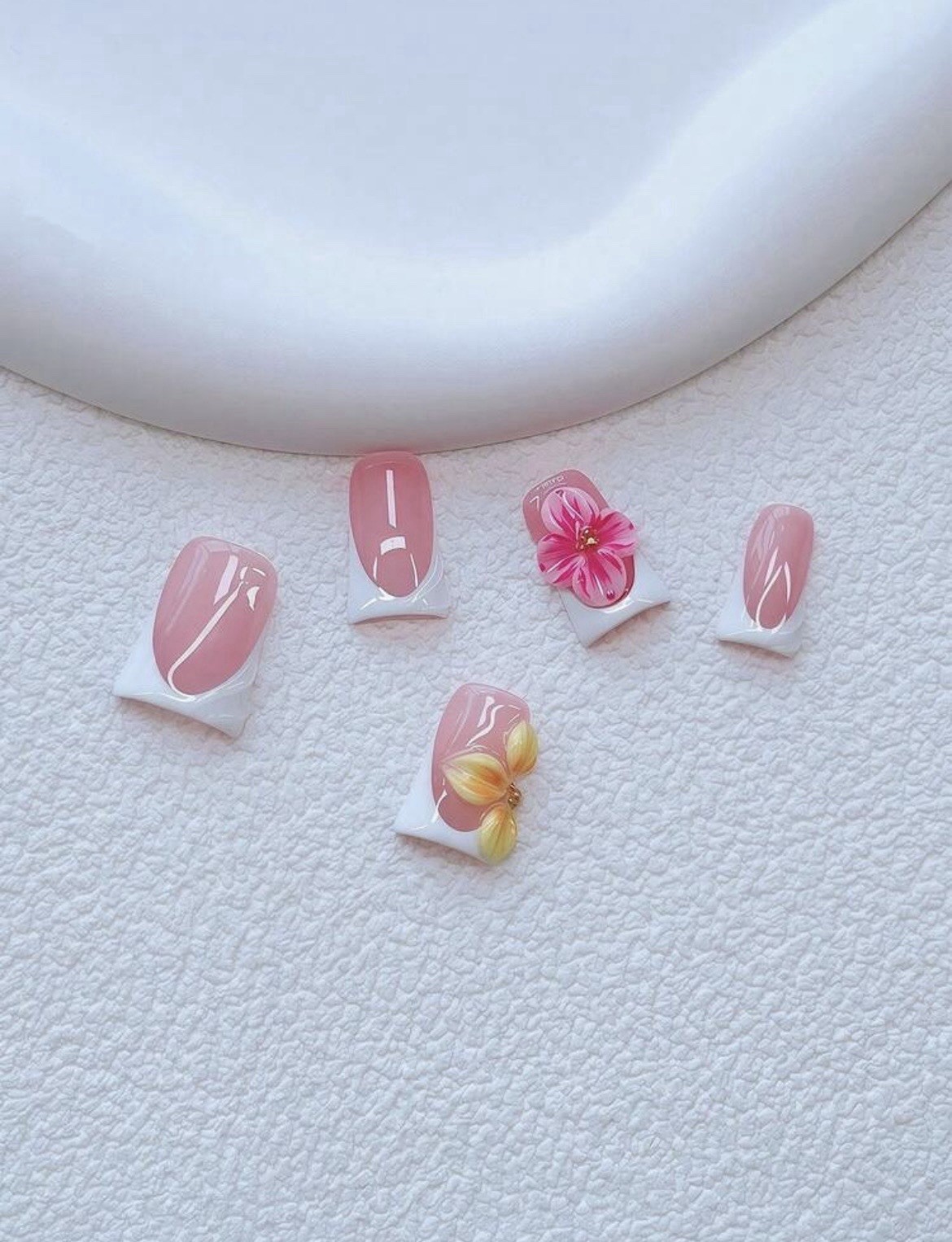 Medium Pink White French Tips Square Full Cover 3D Flower Nail Art Set