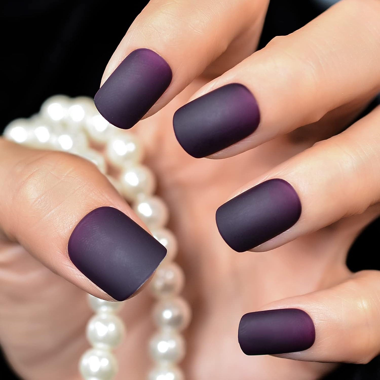 Press on Nails Rubber Matte Dark Purple Gradient False Nails Squoval Short Acryl