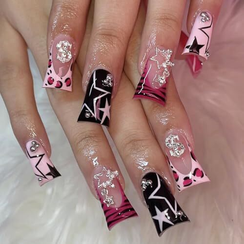 Medium Press on Nails Duck Silver Rhinestone Star Pearl French Tip Fake Nails