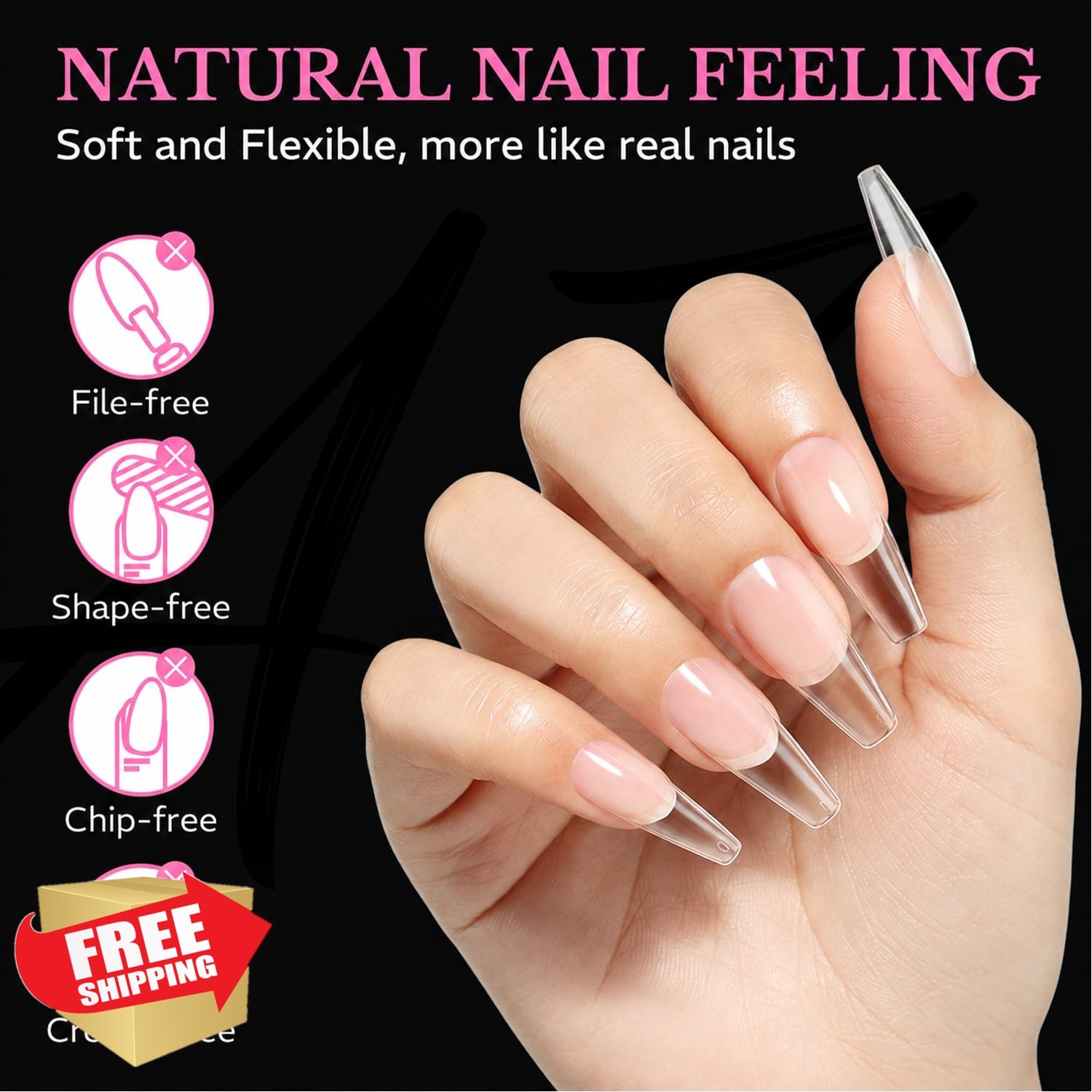 AZUREBEAUTY Long Coffin Soft Gel Nail Tips 600pcs 15 Sizes Clear