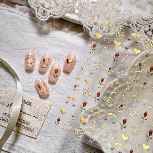 Gold Nail Stickers Flower Nail Decals for Nails Art Tulip Nail Tulip Gold Heart