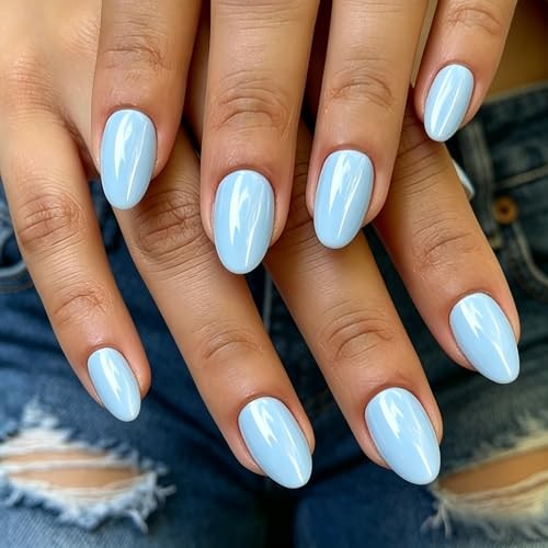 Pastel Blue Chrome Press On Nails – Shiny Extra Short – Almond Baby Blue