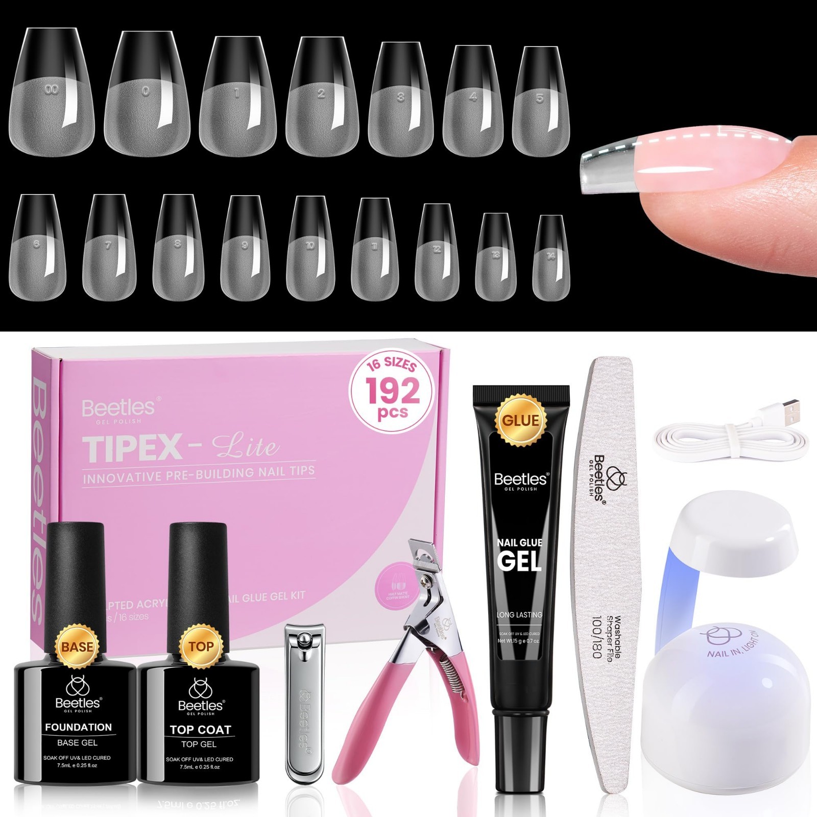 192pcs Short Coffin Nail Tips Kit with Glue, Base & Top Coat, Mini UV Lamp & Too