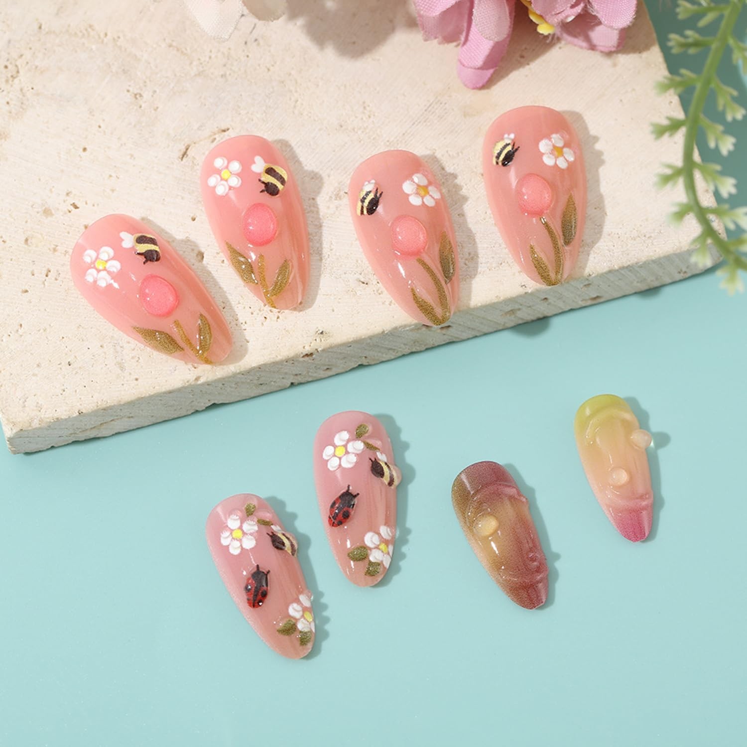 24Pcs Flower False Nail Medium Almond Colorful Floral 3D Cute Bee ladybug wit…