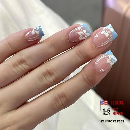 Summer Hibiscus Press on Nails – White Flower Short Square Fake Nails – Style02