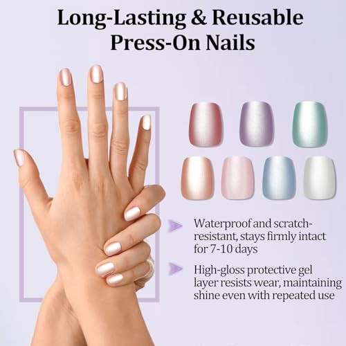 210pcs Glass Bead Matte Cat Eye Press on Nails for Women – 7 Matte Macaroon