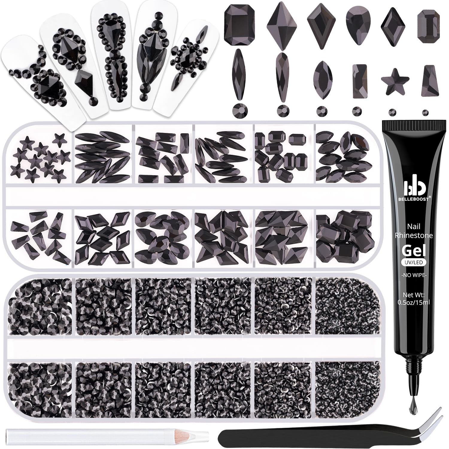 3220Pcs Black Glass Nail Rhinestones 120Pcs Multi Shapes Flatback Nail Gems + 31