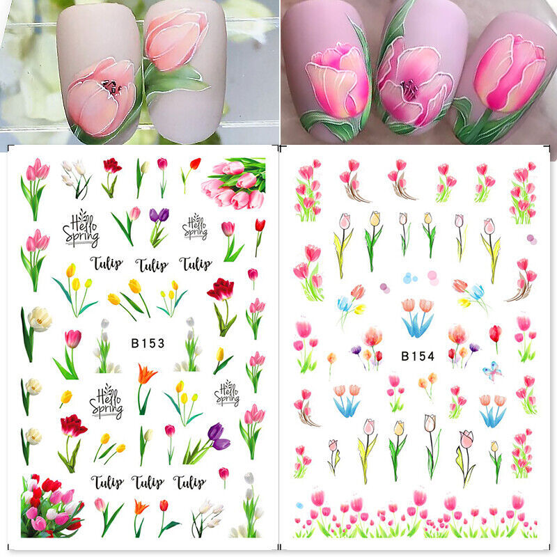 3D Nail Art Stickers Transfers Decals Spring Flowers Floral Fern Tulips DIY NS41