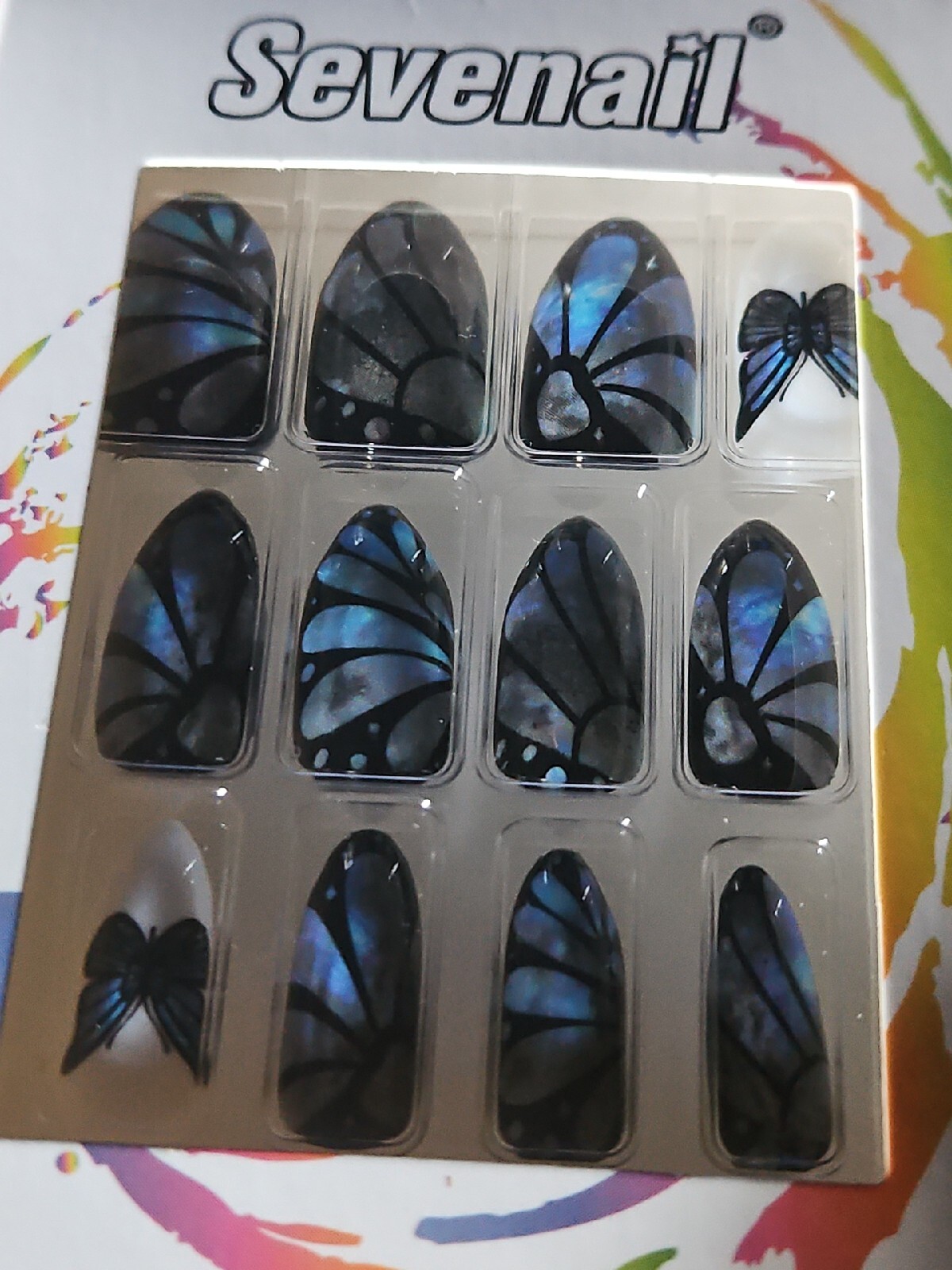12 Piece Fashion Nails Set Glue On Coffin Shape Blue Butterfly White 🦋