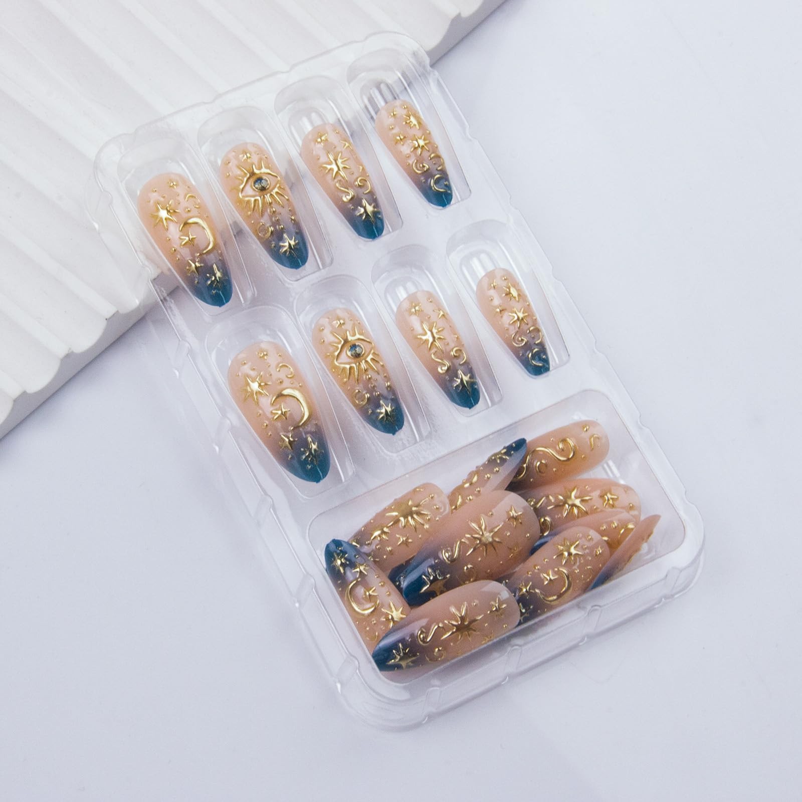 Gold Star Press on Nails Medium Almond Fake Blue Almond, Style 7