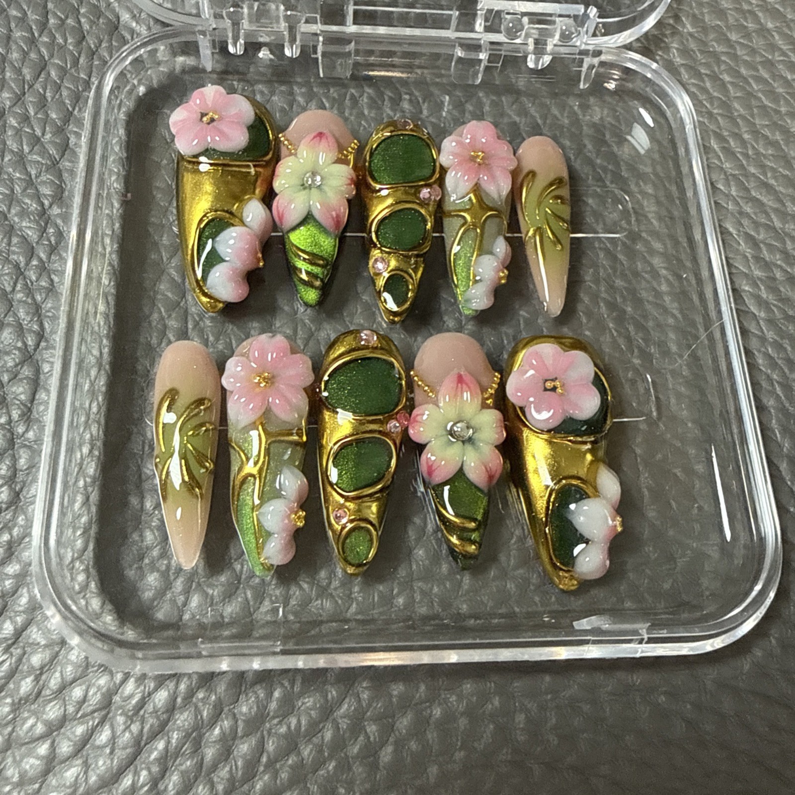 NailVesta Handcrafted 3D Nails Spring Summer Pink Green Floral Gold Reusable SM