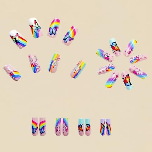 24Pcs Butterfly Press on Nails Medium Coffin Fake Nails Cute Little Spring