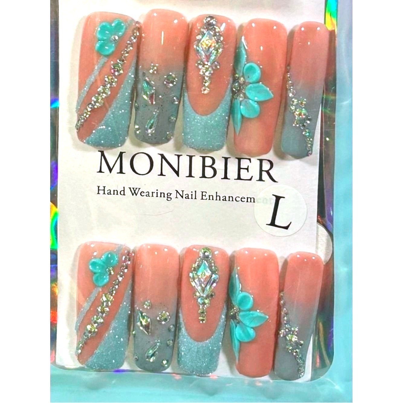 Teal Ombre Press On Rhinestone Glitter Floral Long Coffin Icy Blue Glam Luxury