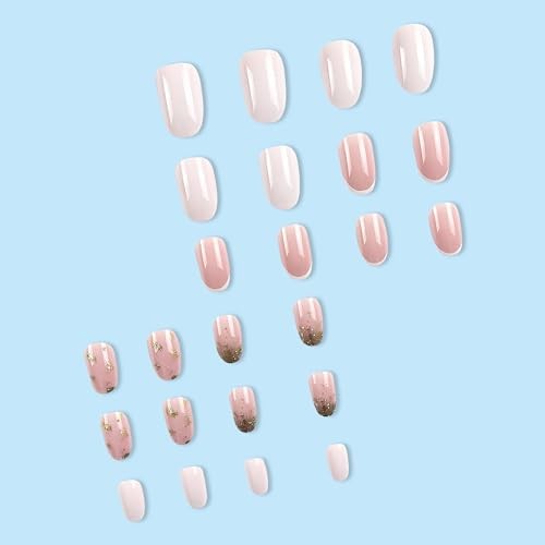 French Tip Press on Nails Short Round Head Almond Fake Nails with Gold Foil