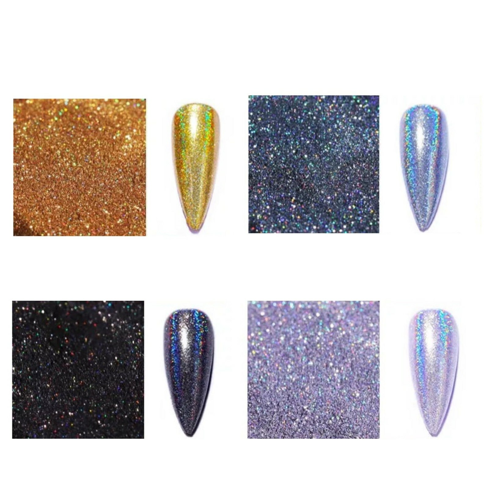 Holographic Nail Glitter Powder 4 piece SET Silver Grey Black Gold Unicorn Laser
