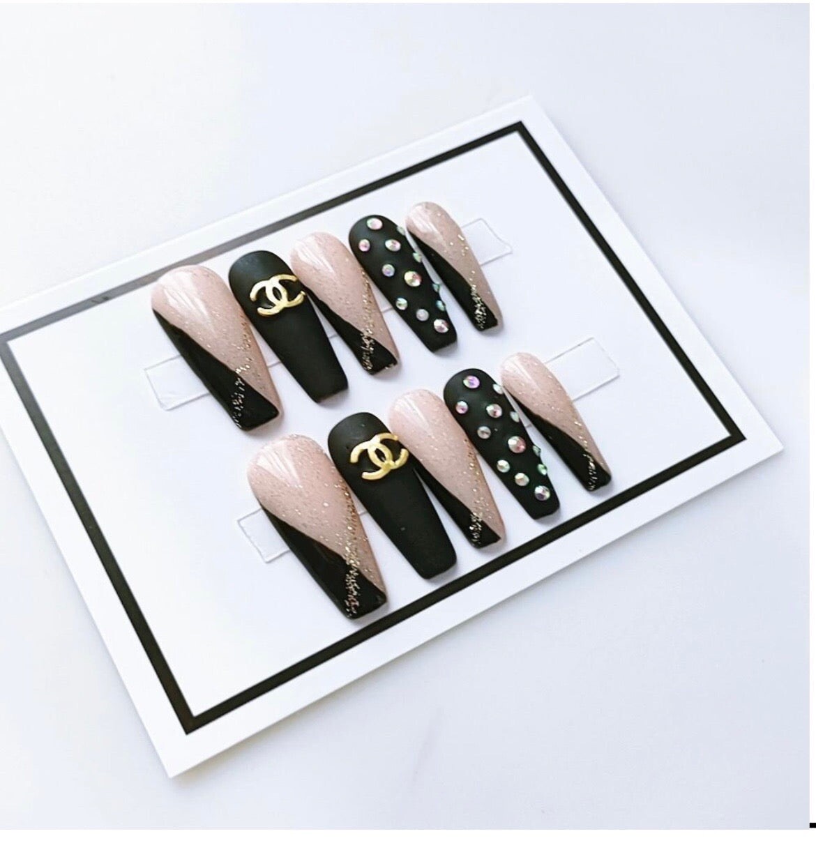 Black & Gold Double C Coffin Med/Long Length Press On Nails