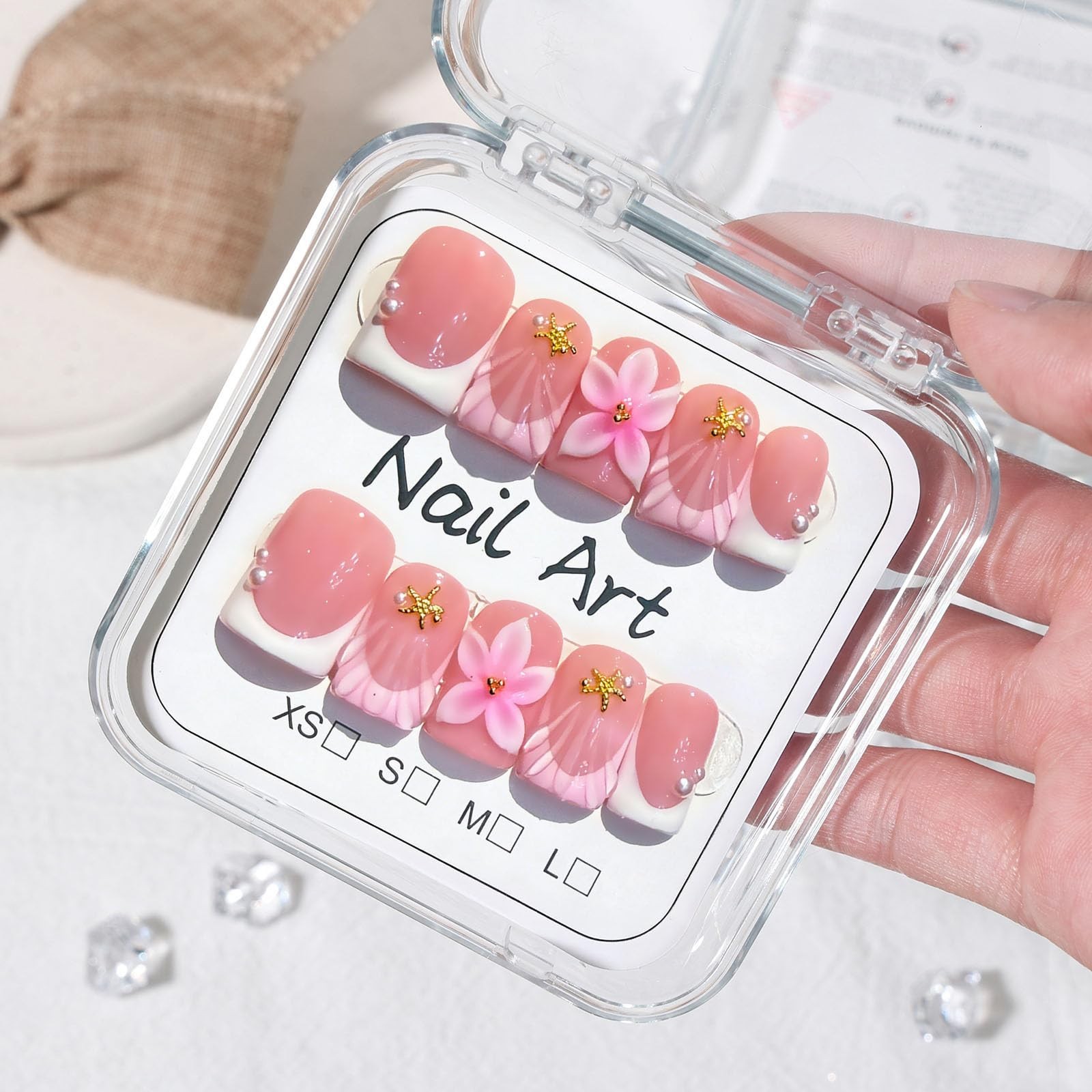 10 Pcs Pink Handmade Press-On Nails Short Square M Size 3D Flower Nail Art, Gift