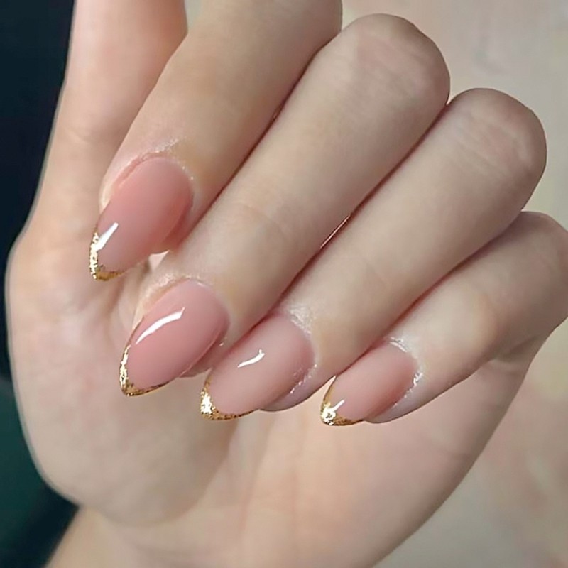 24Pc Middle Length Glitters Fake Nail Gold Trim French Tips Press On Nail