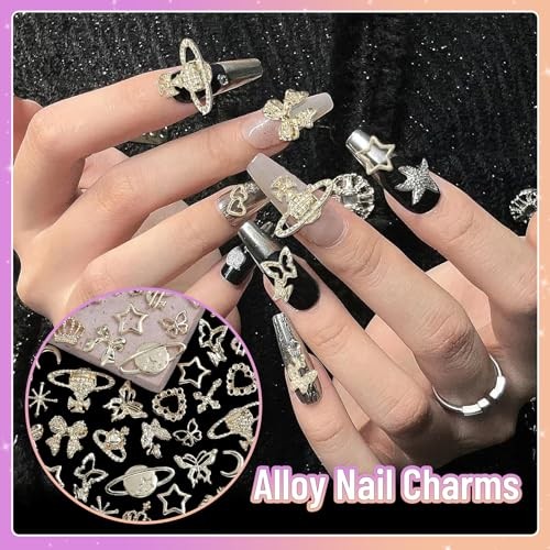 180 Pcs Gold Nail Charms and Gems, Bow Star Butterfly Cross Alloy Nail
