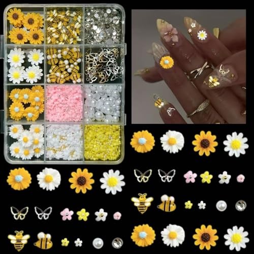 600PCS Nail Charms and Gems Gold Bee Yellow Flower for Nails yellow pink white