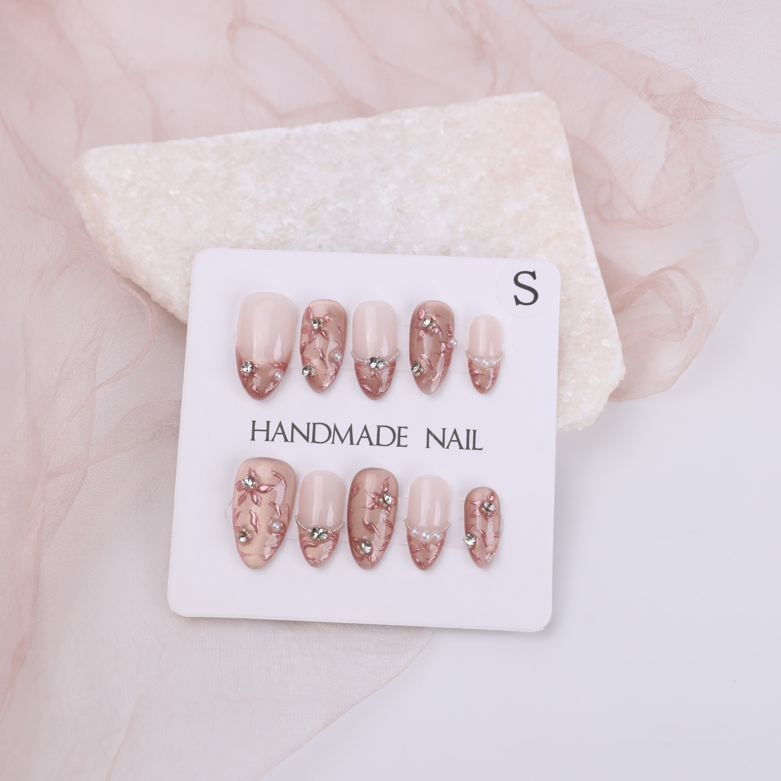 Press On Nails Medium Almond Nude Pink Floral Pearl Rhinestone Wedding Nail Set