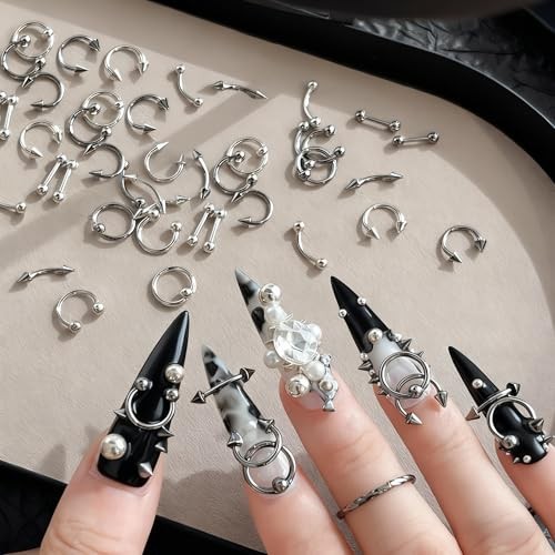 80 PCS Piercing Nail Art Charms 3D Silver Alloy Goth Punk Nail Rhinestones gray