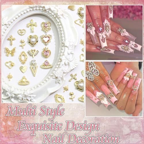 122PCS Gold Nail Charms Pink Rhinestone Heart Charms for Nails Art Luxury