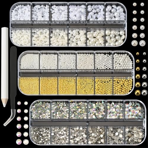 3 Boxes Nail Charms 3 Boxes-Rhinestones Flatback Pearls and Caviar Beads Pearls