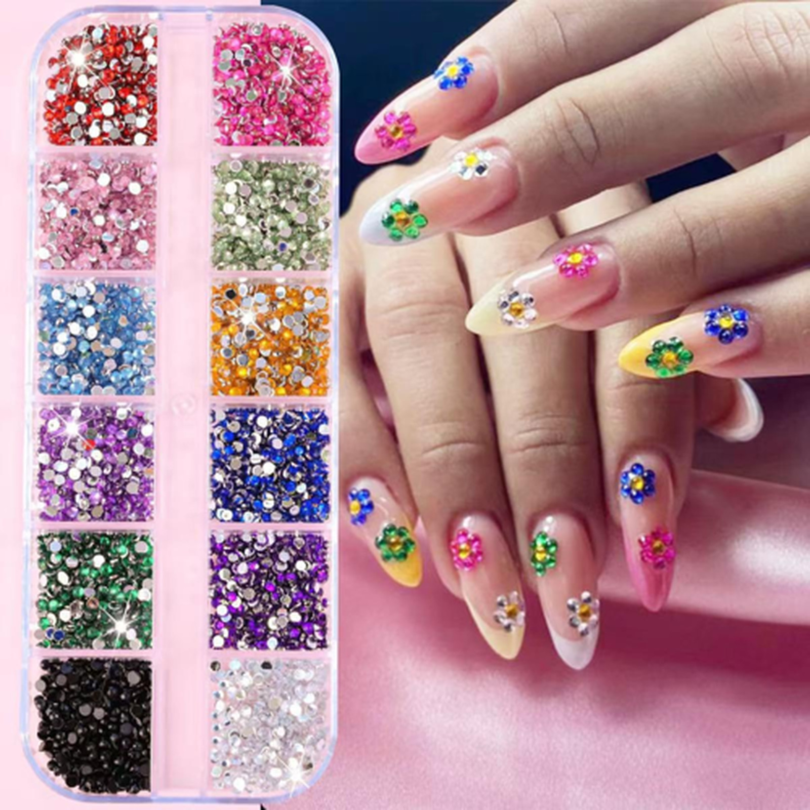 24Grid Colorful Nail Art Rhinestones Pearls Set 3D Flatback Crystals for Acrylic
