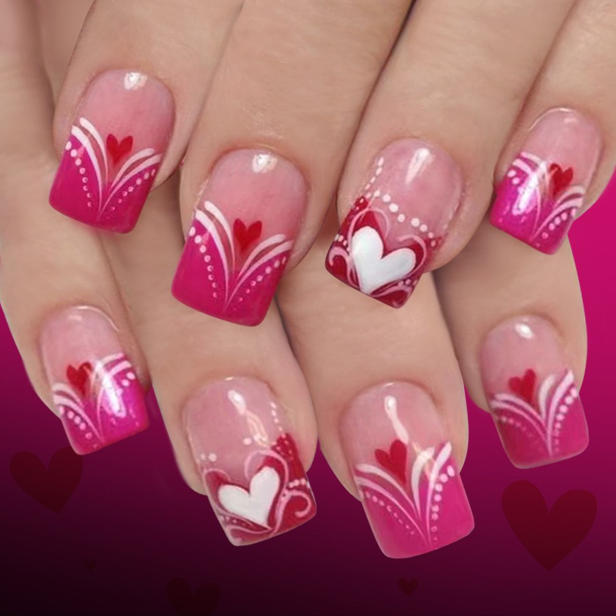 24pcs White/Red Polka Dot 3D Heart Press-On Nails. Waterproof, Reusable Gift.